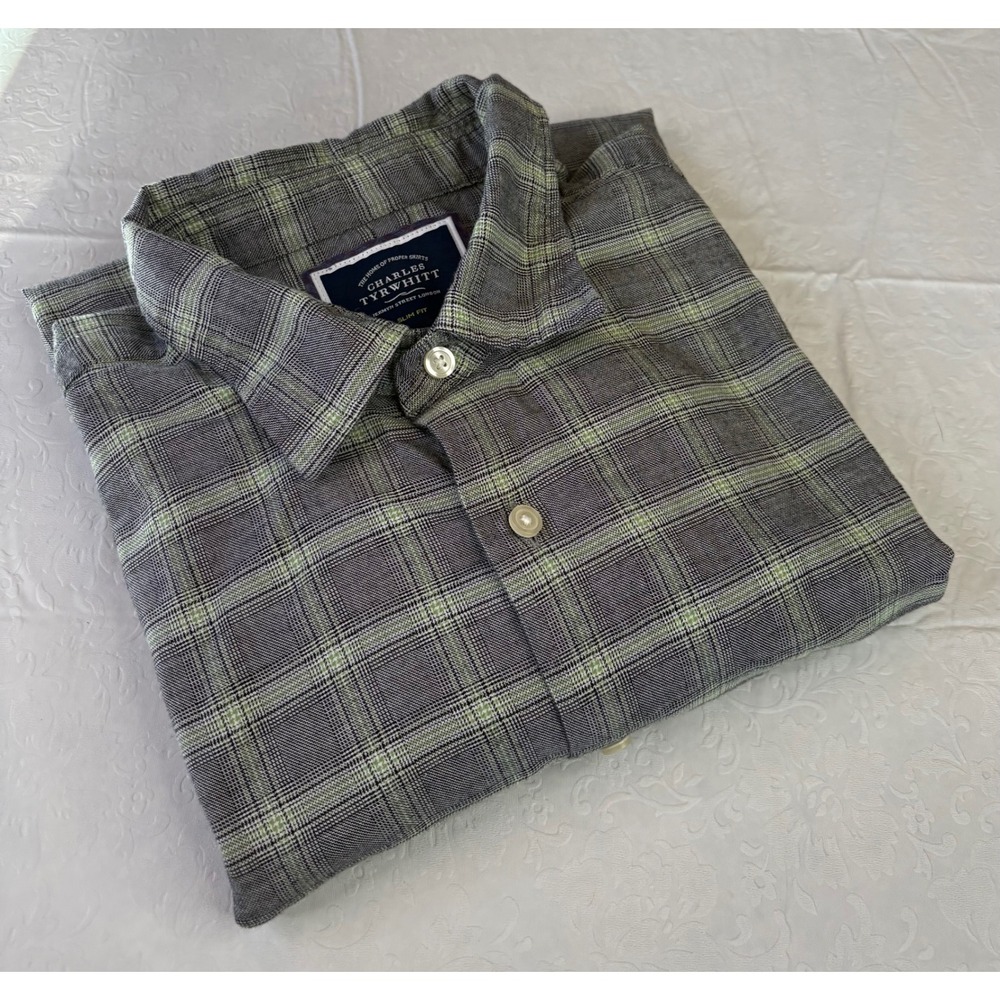 Charles Tyrwhitt Slim Fit Black/Green Plaid Dress Shirt Mens Size L Cotton Blend